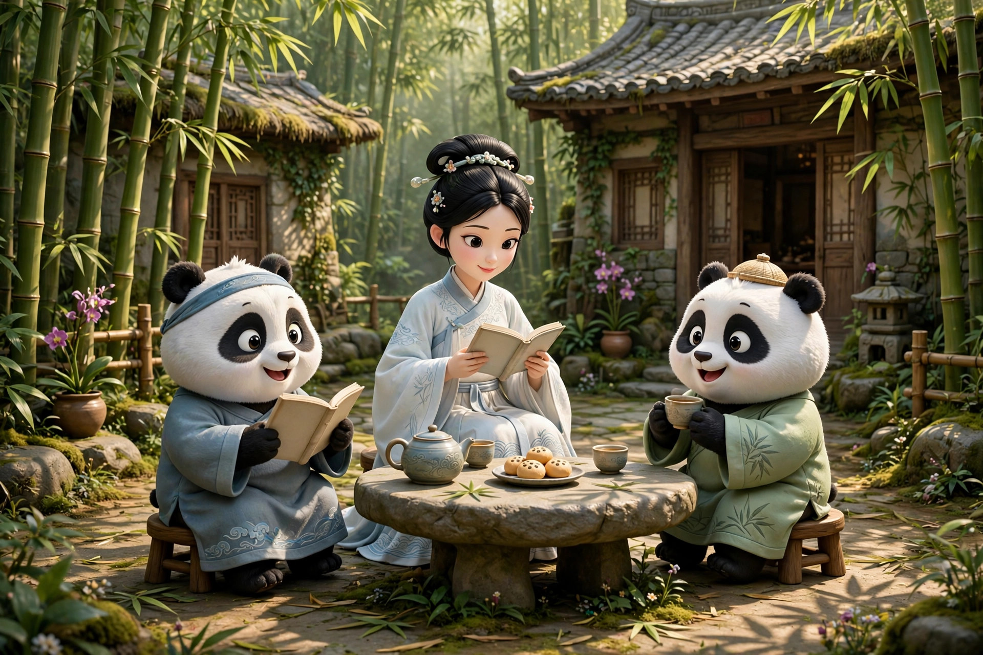 熊猫与师姐在竹林寮舍小院读书品茶