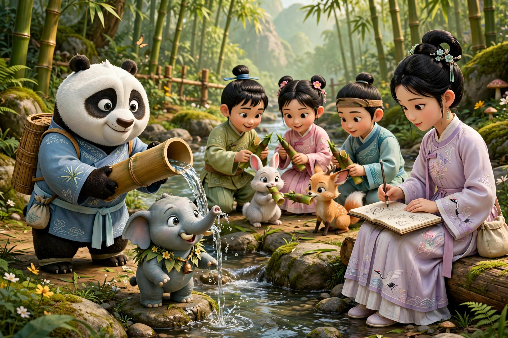 学生在竹林小溪边照顾灵兽