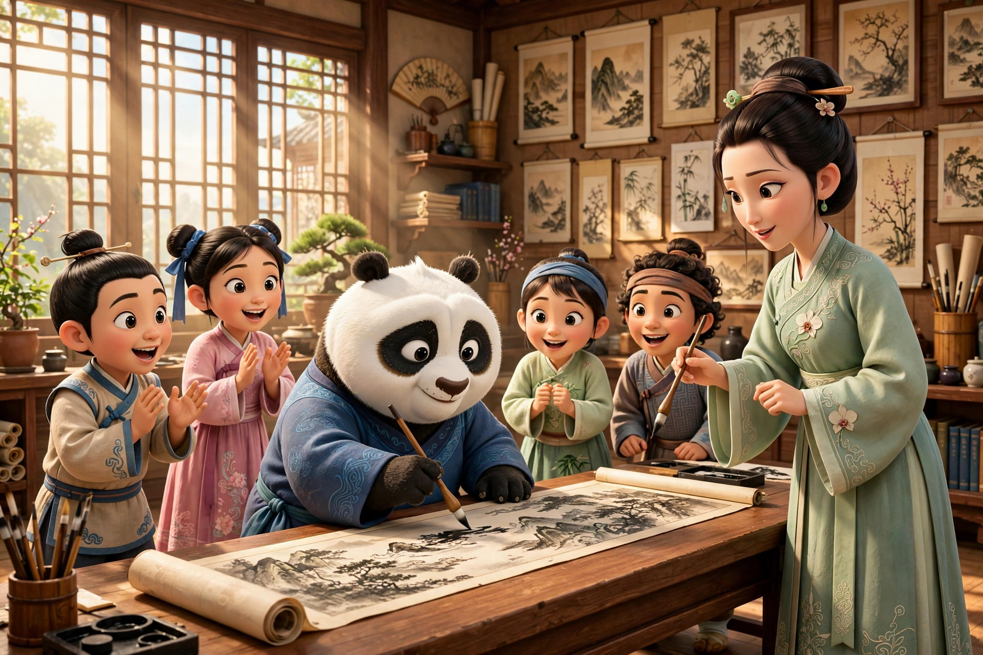 画室中熊猫与社员挥毫作画