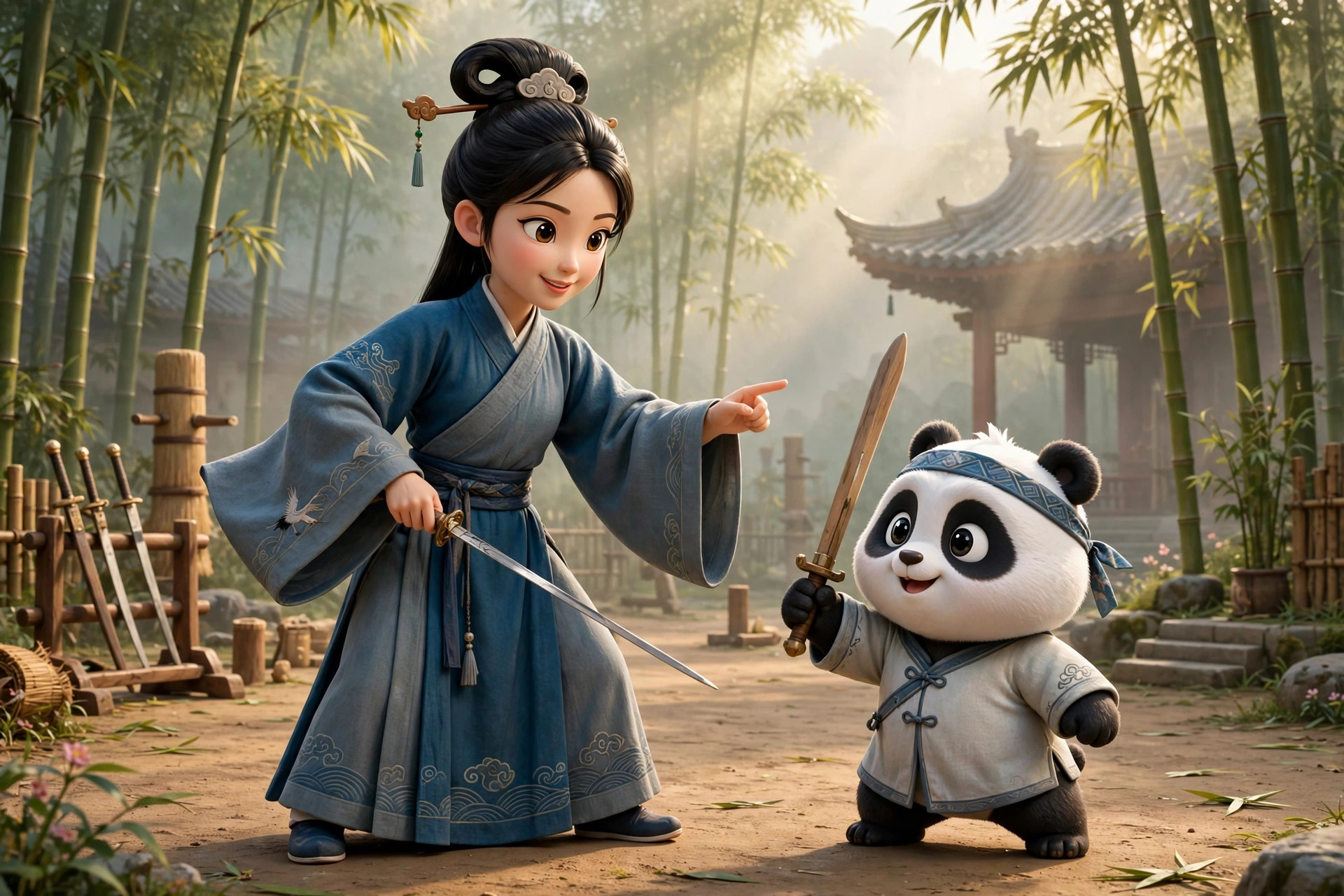 女剑师指导熊猫弟子在演武场练剑