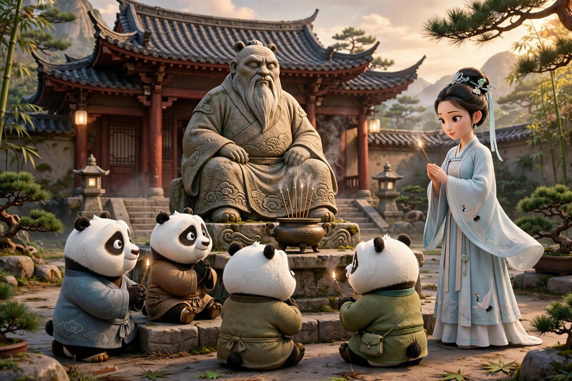 熊猫弟子与师姐在开山祖师像前听讲